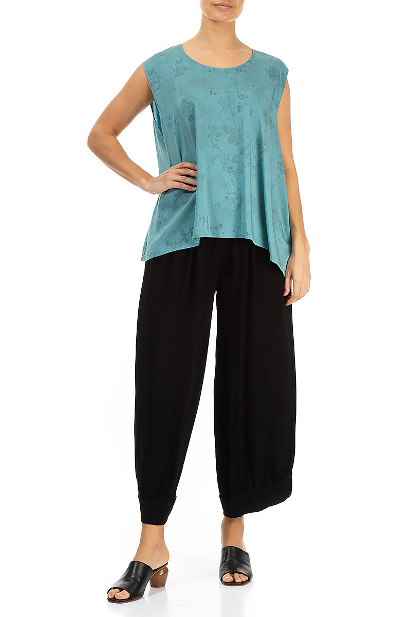 Sleeveless Blossom Turquoise Silk Bamboo Blouse