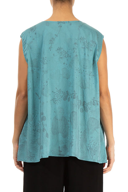 Sleeveless Blossom Turquoise Silk Bamboo Blouse