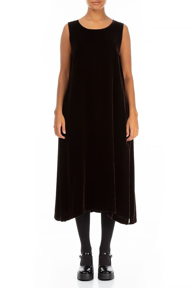 Sleeveless Brown Silk Velvet Shift Dress