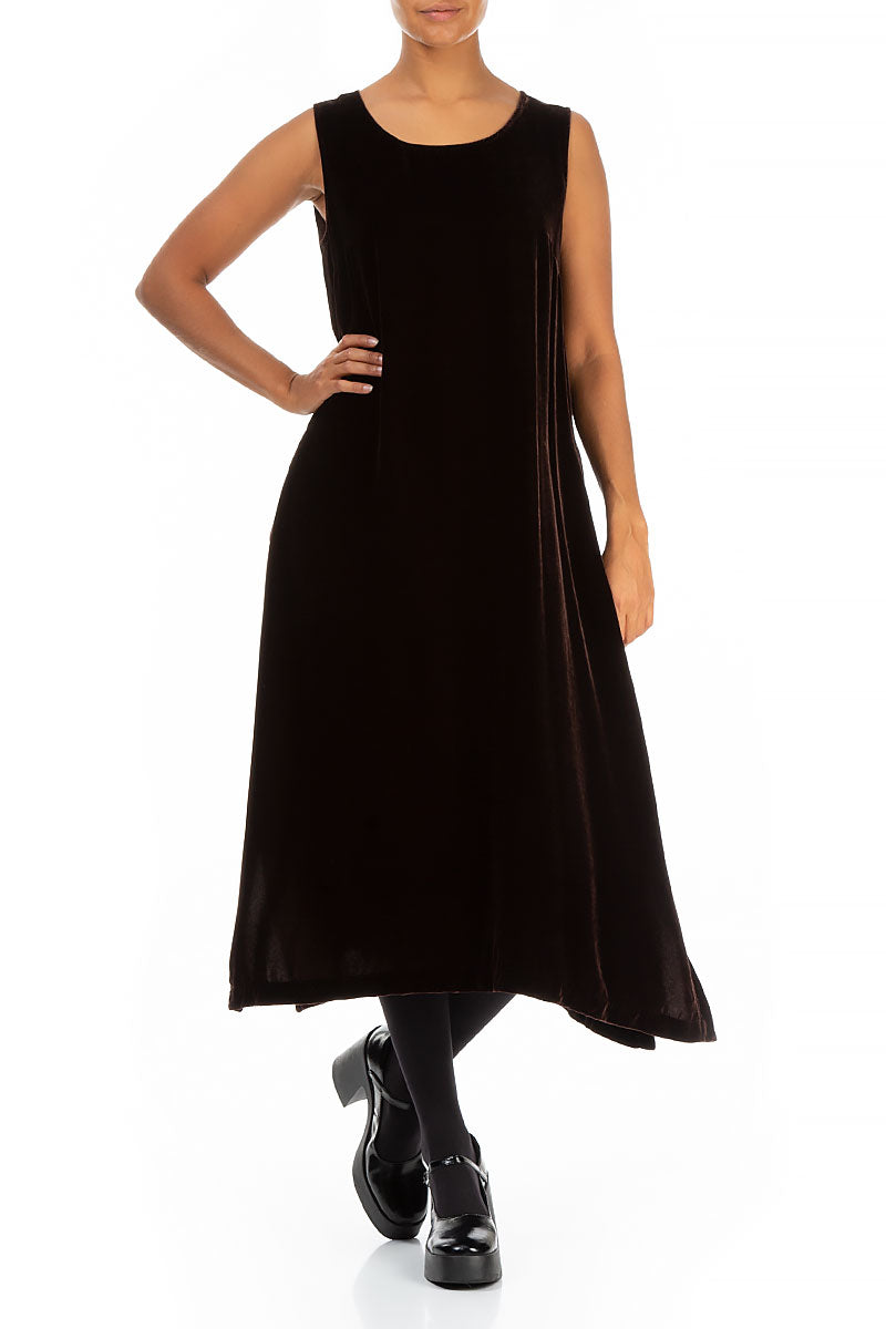 Sleeveless Brown Silk Velvet Shift Dress