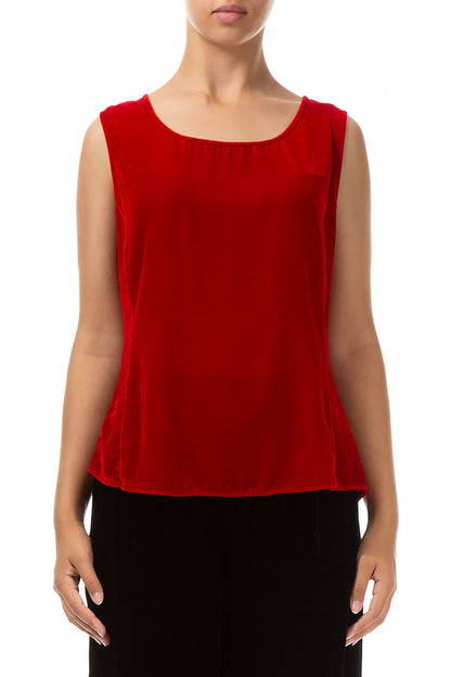 Sleeveless Cherry Red Silk Velvet Blouse 1