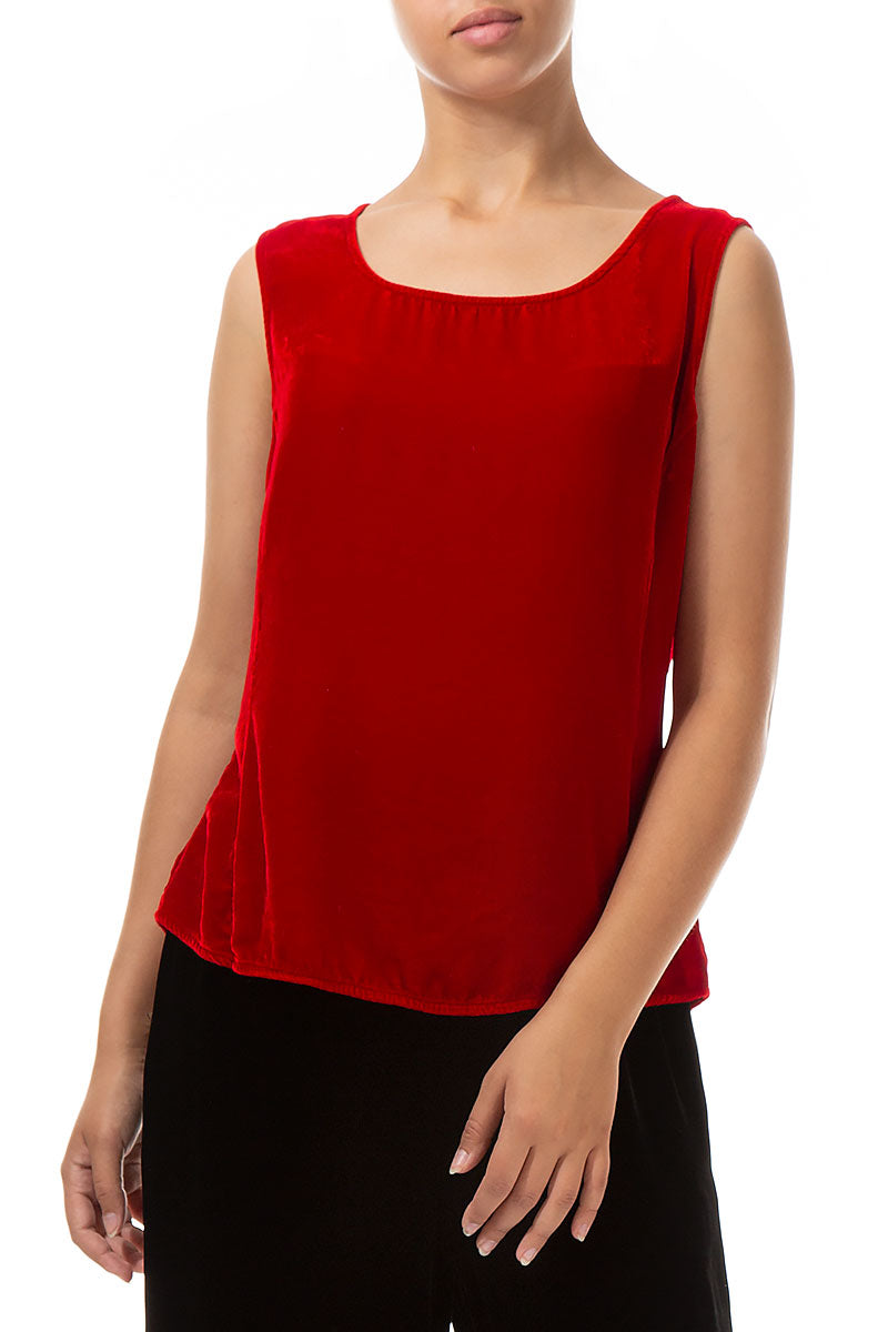 Sleeveless Cherry Red Silk Velvet Blouse 3