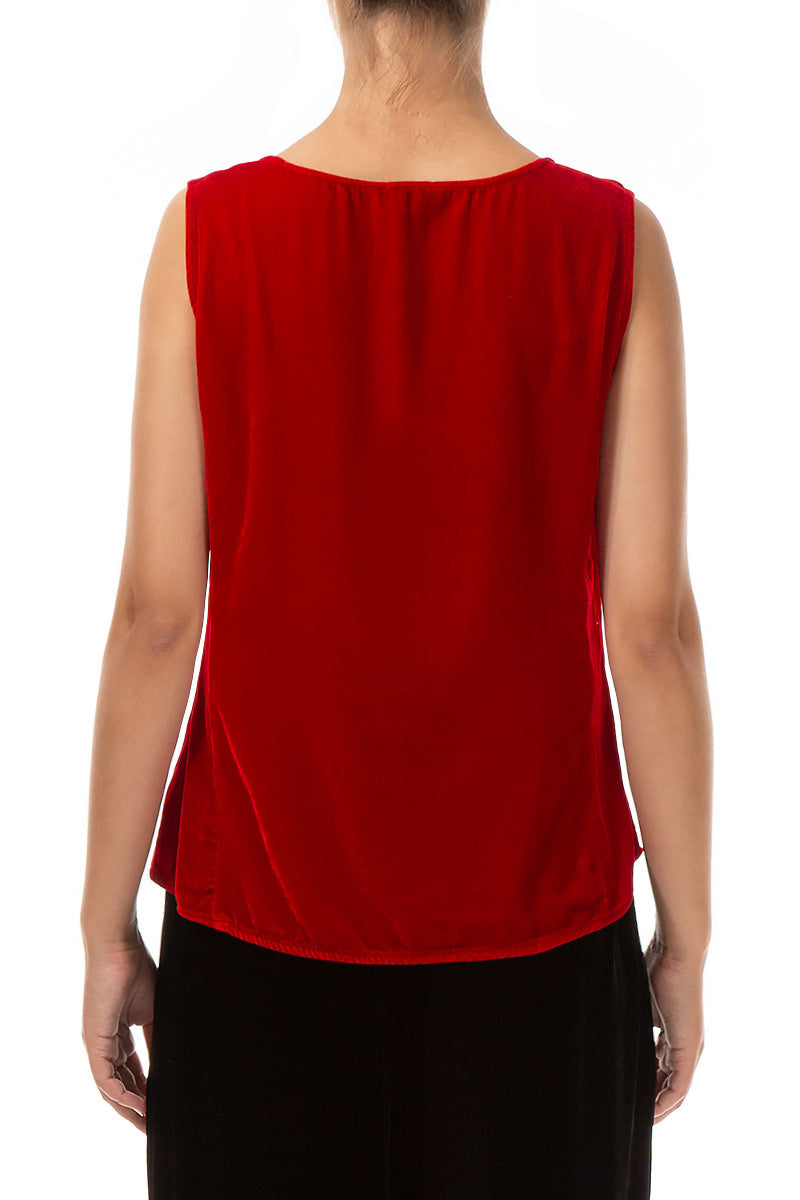 Sleeveless Cherry Red Silk Velvet Blouse