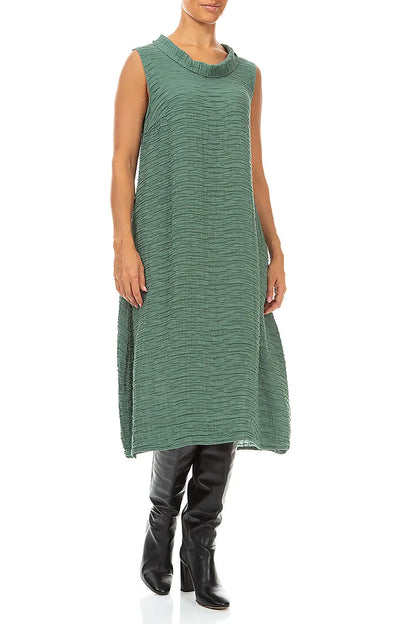 Sleeveless Cowl Neck Crinkled Sage Silk Dress
