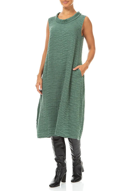 Sleeveless Cowl Neck Crinkled Sage Silk Dress