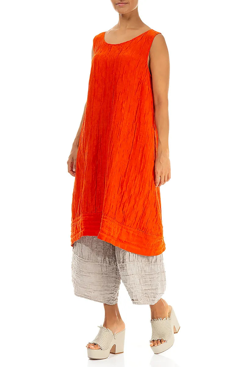 Sleeveless Crinkled Flame Orange Silk Linen Tunic Dress 6