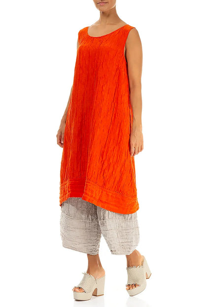 Sleeveless Crinkled Flame Orange Silk Linen Tunic Dress 6