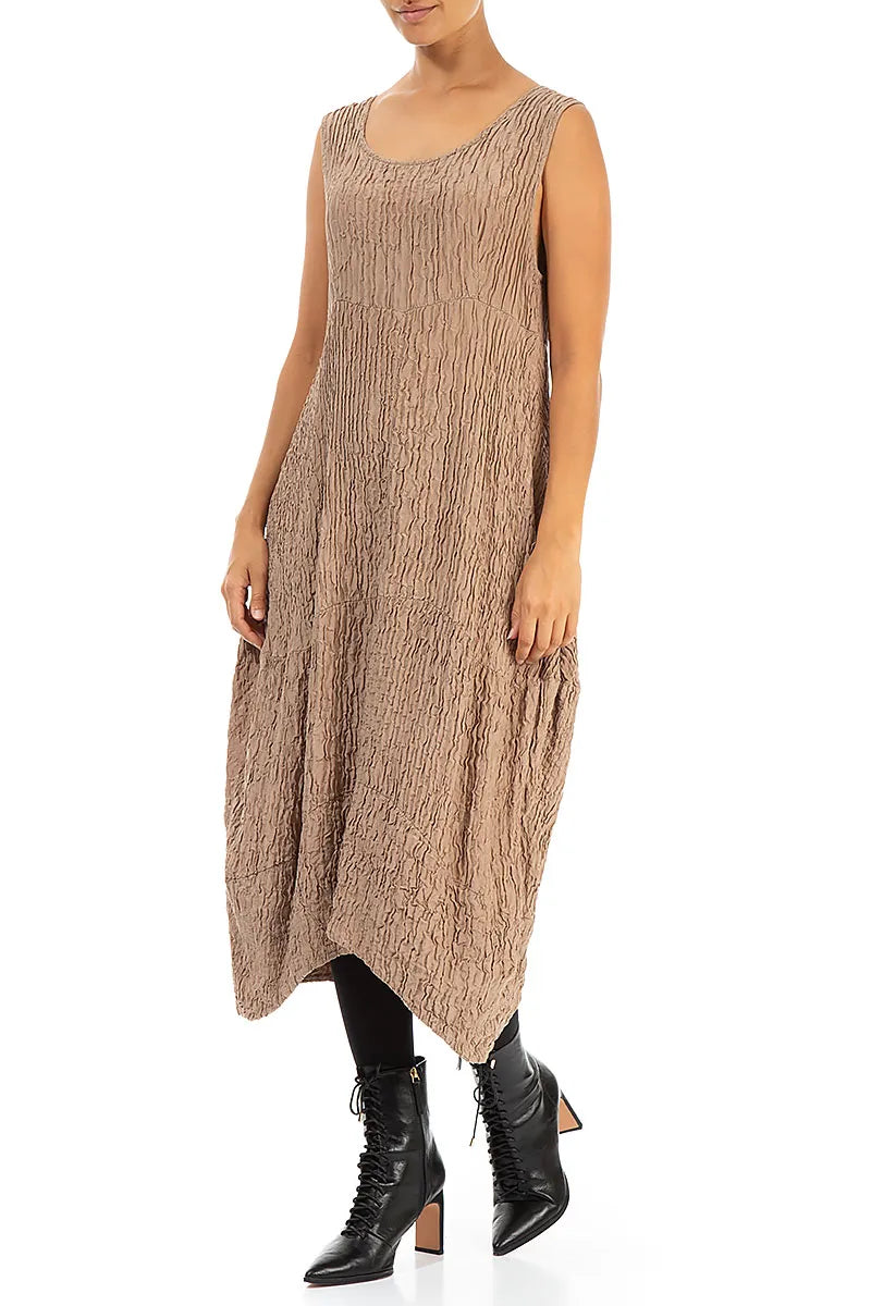 Sleeveless Crinkled Mocha Silk Dress