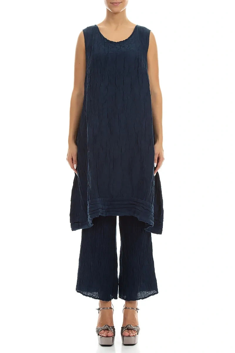 Sleeveless Crinkled Navy Silk Linen Tunic Dress 1