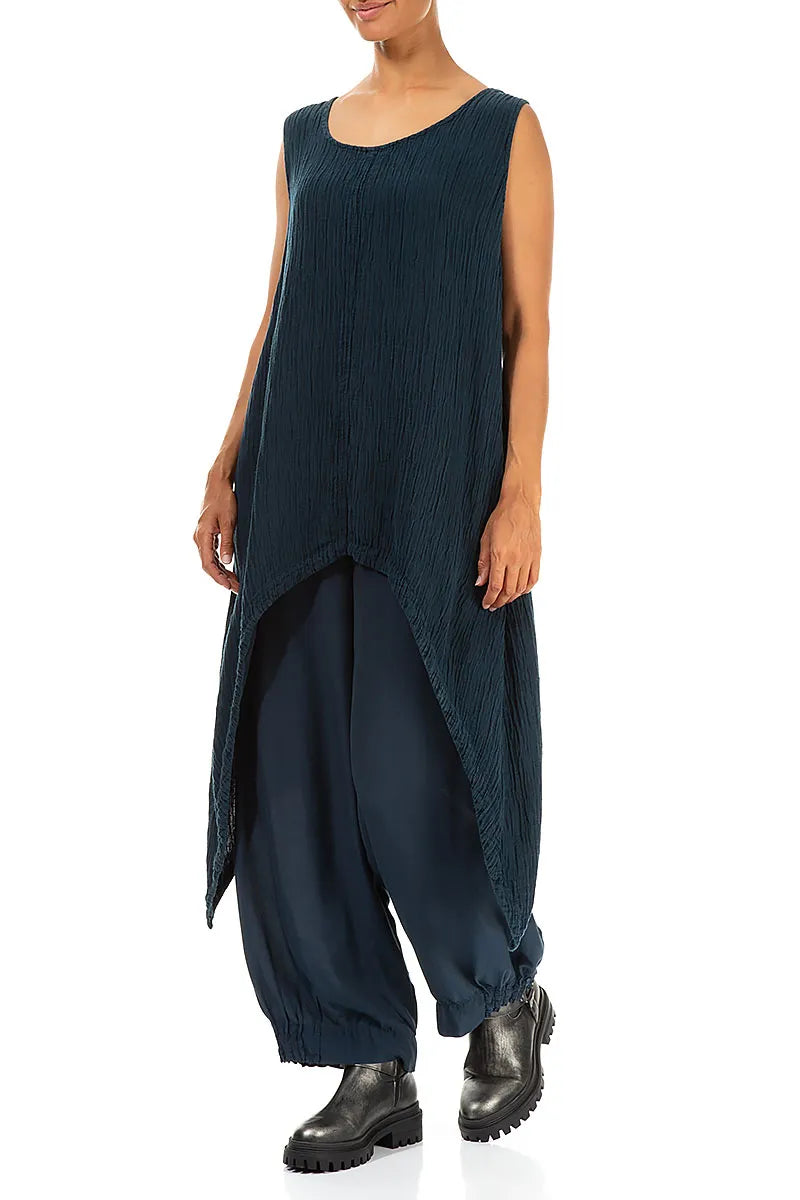 Sleeveless Crinkled Navy Silk Tunic 3