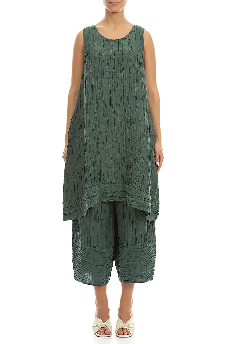 Sleeveless Crinkled Sage Silk Linen Tunic Dress 1