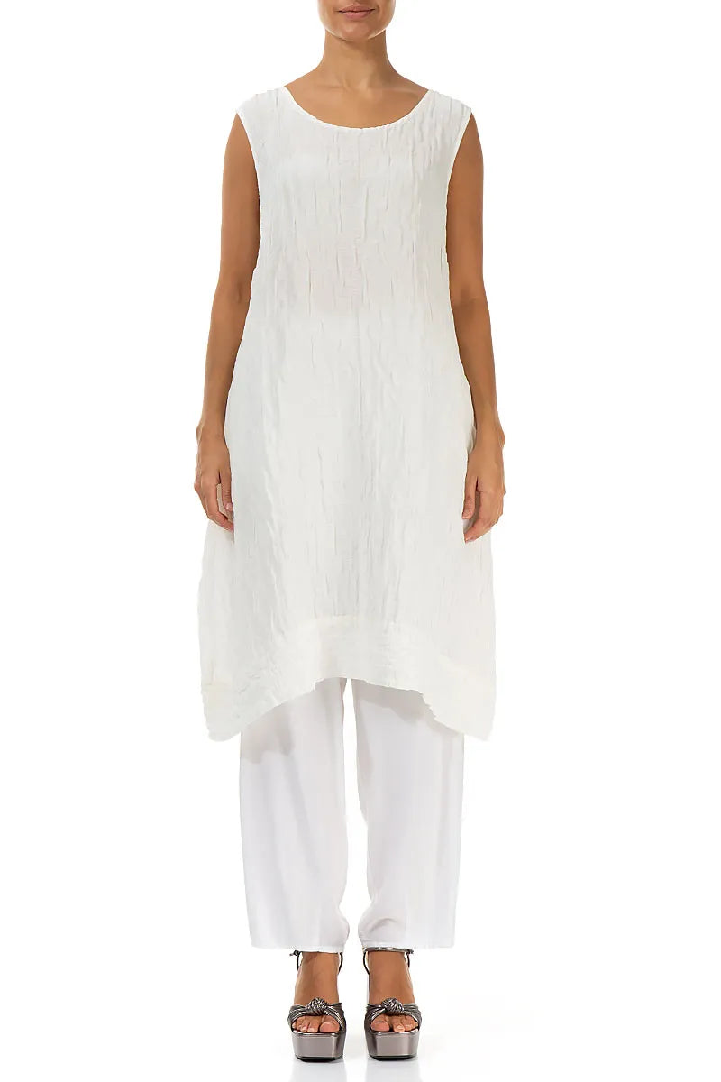 Sleeveless Crinkled White Silk Linen Tunic Dress