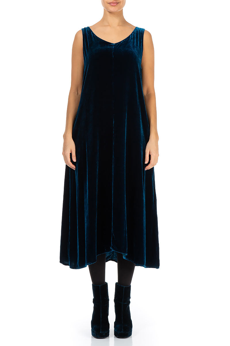 Sleeveless Dark Azure Silk Velvet Dress