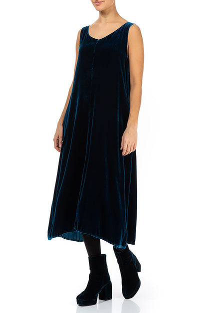 Sleeveless Dark Azure Silk Velvet Dress