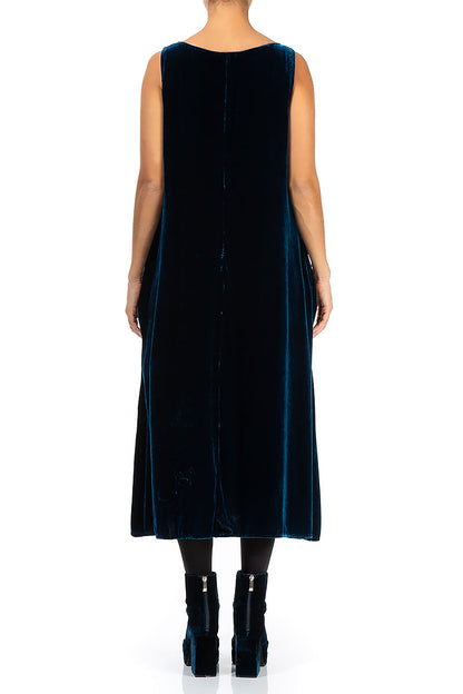 Sleeveless Dark Azure Silk Velvet Dress