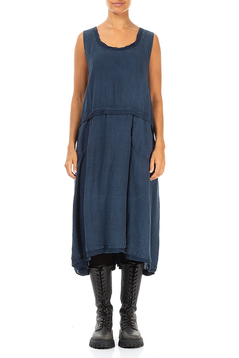 Sleeveless Dark Blue Linen Dress