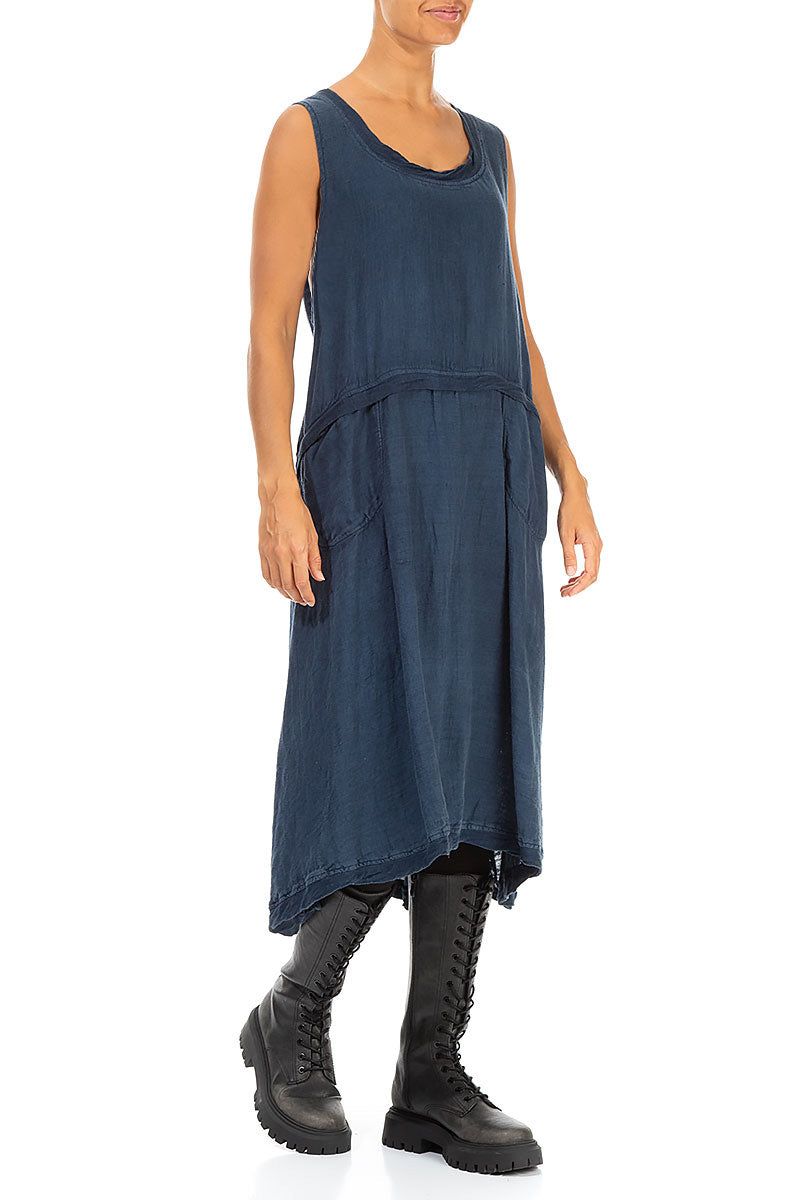 Sleeveless Dark Blue Linen Dress