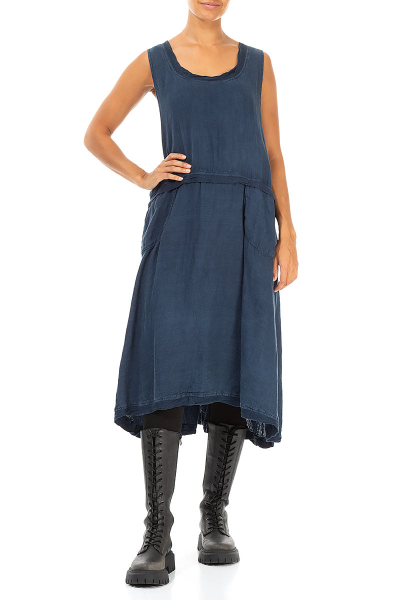 Sleeveless Dark Blue Linen Dress