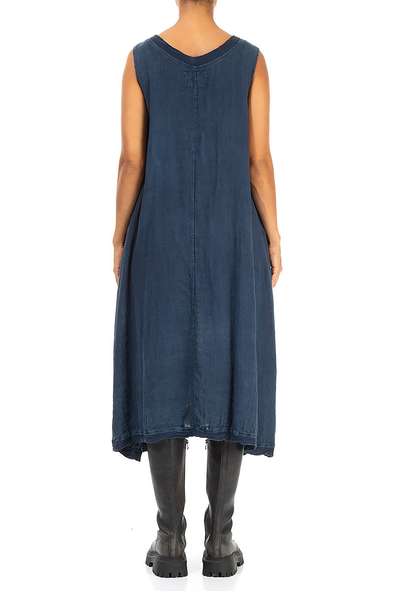 Sleeveless Dark Blue Linen Dress