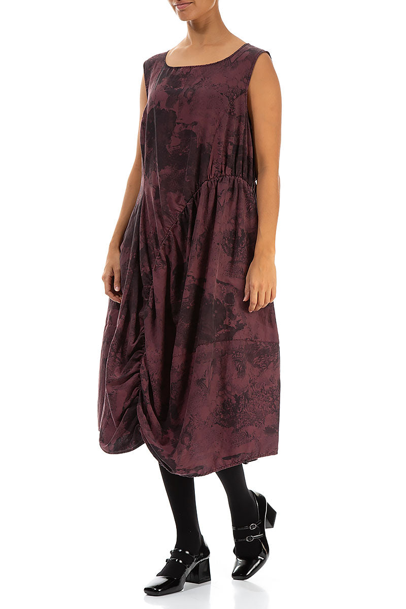 Sleeveless Draped Merlot Marble Silk Cotton Dress