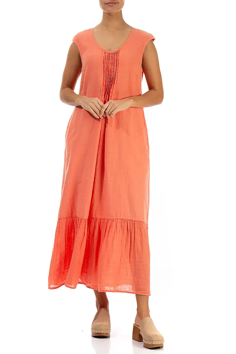 Sleeveless Flared Coral Linen Dress 4