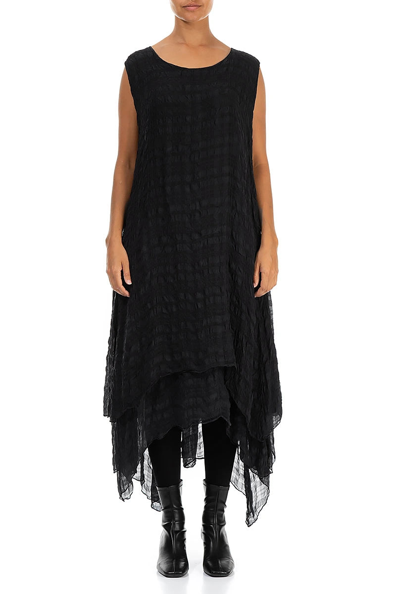Sleeveless Flowy Black Textured Silk Dress 1