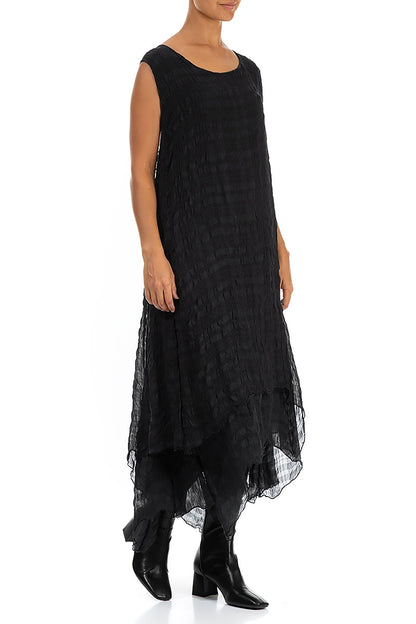 Sleeveless Flowy Black Textured Silk Dress 3