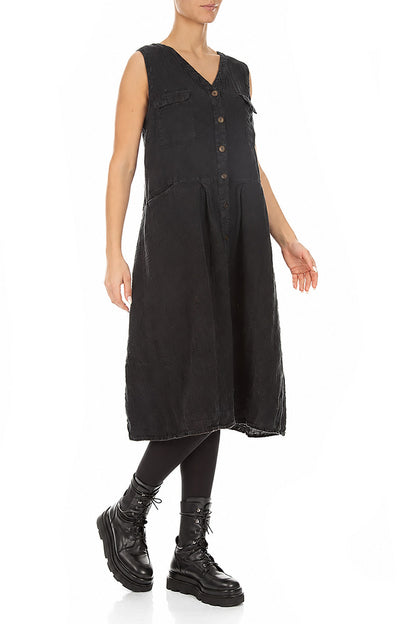 Sleeveless Four Pockets Charcoal Mélange Linen Dress 4