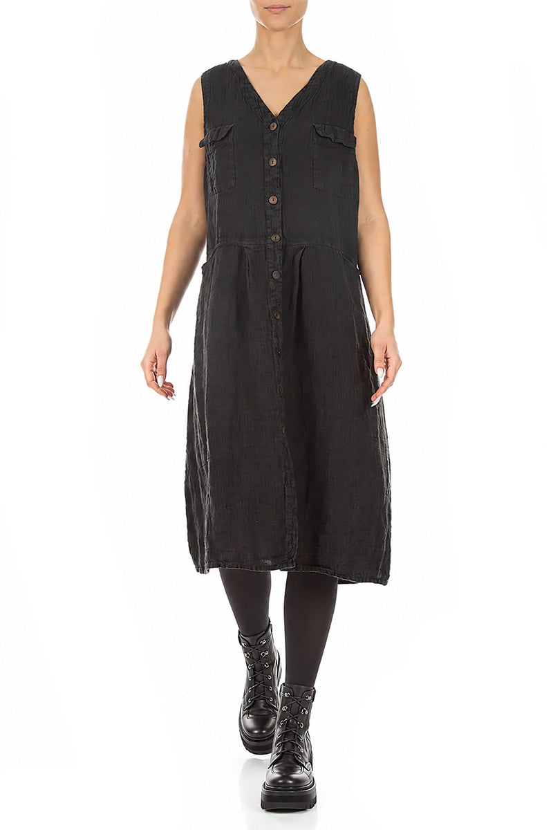 Sleeveless Four Pockets Charcoal Mélange Linen Dress 3