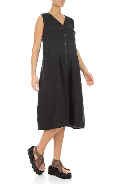 Sleeveless Four Pockets Charcoal Mélange Linen Dress 3
