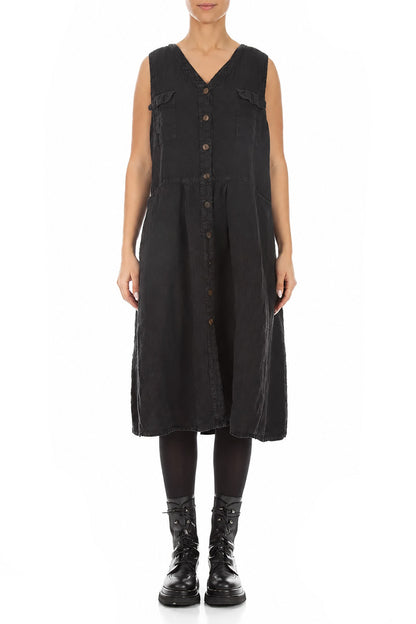 Sleeveless Four Pockets Charcoal Mélange Linen Dress 1