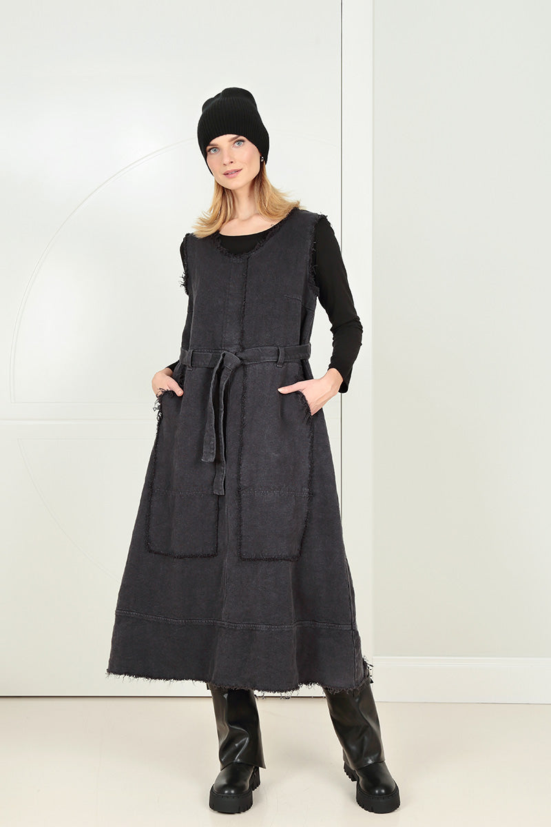 Sleeveless Graphite Heavy Linen Dress 1