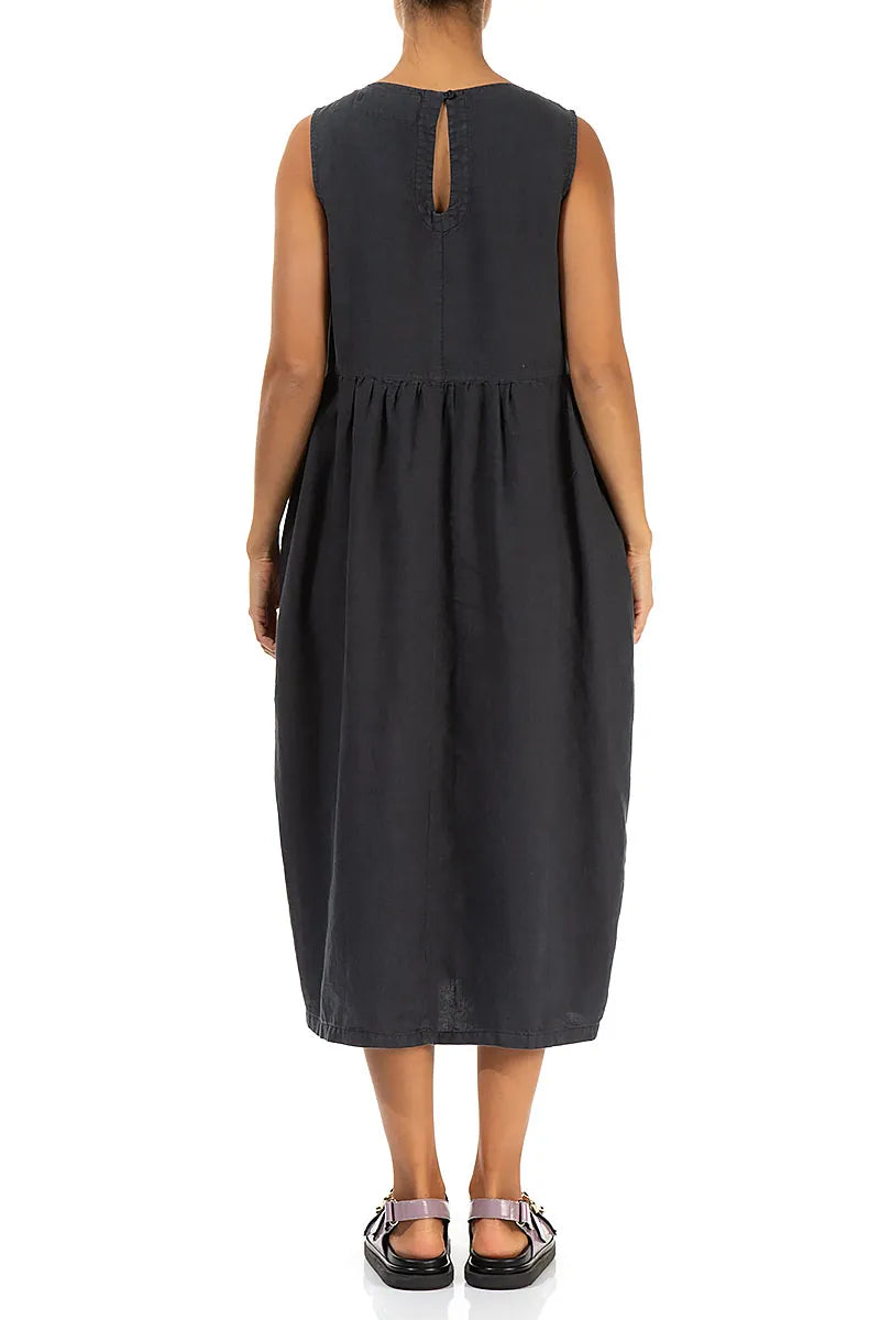 Sleeveless Graphite Pintuck Linen Dress