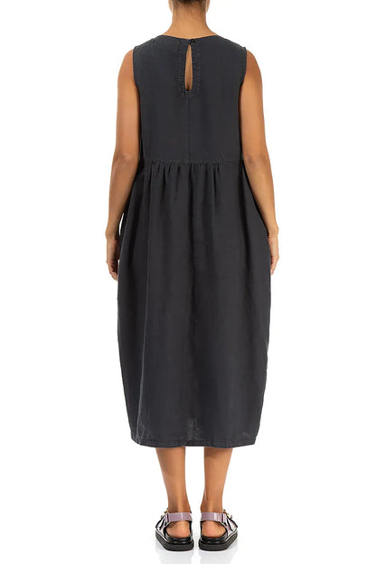 Sleeveless Graphite Pintuck Linen Dress
