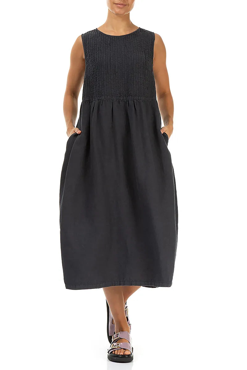 Sleeveless Graphite Pintuck Linen Dress