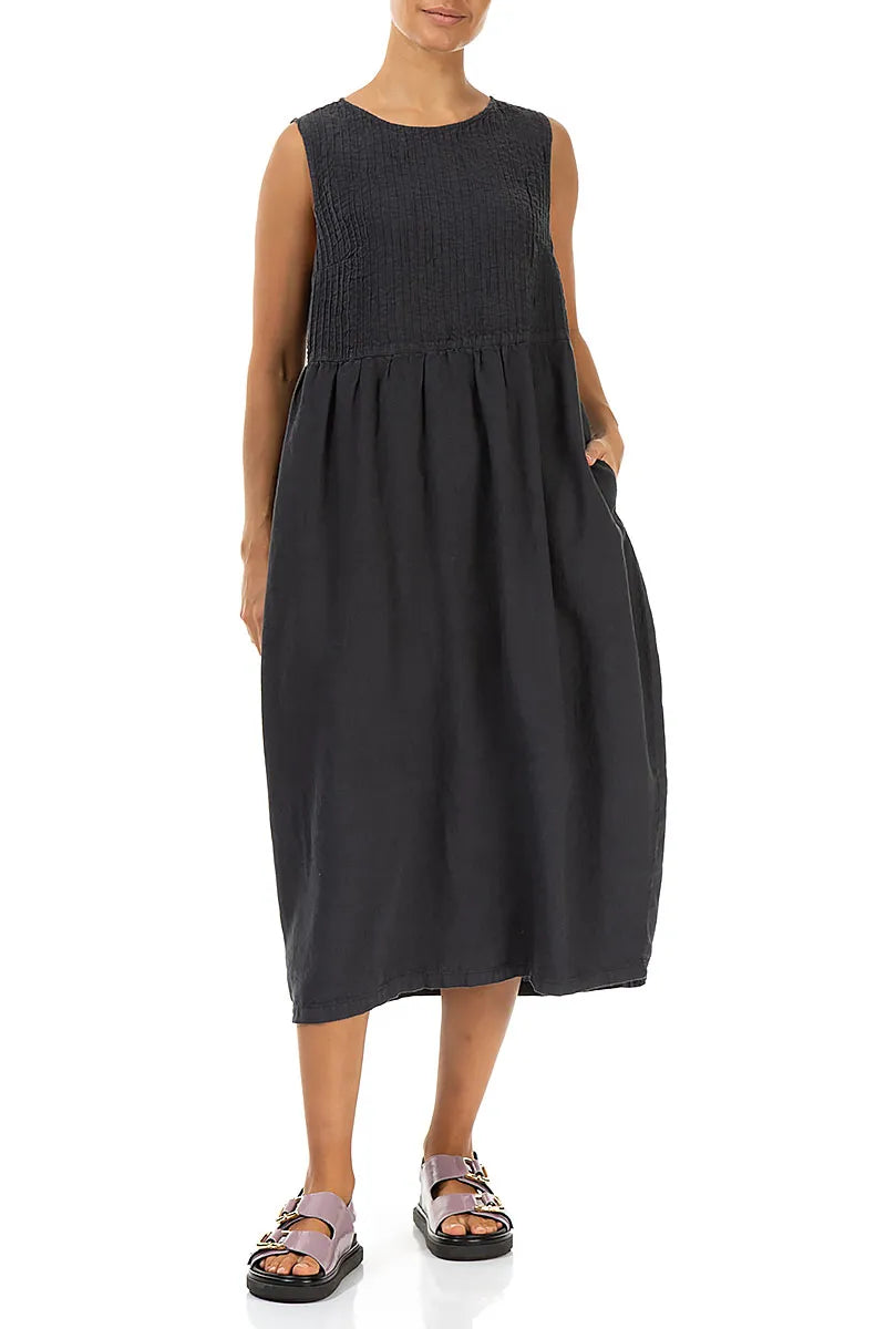 Sleeveless Graphite Pintuck Linen Dress