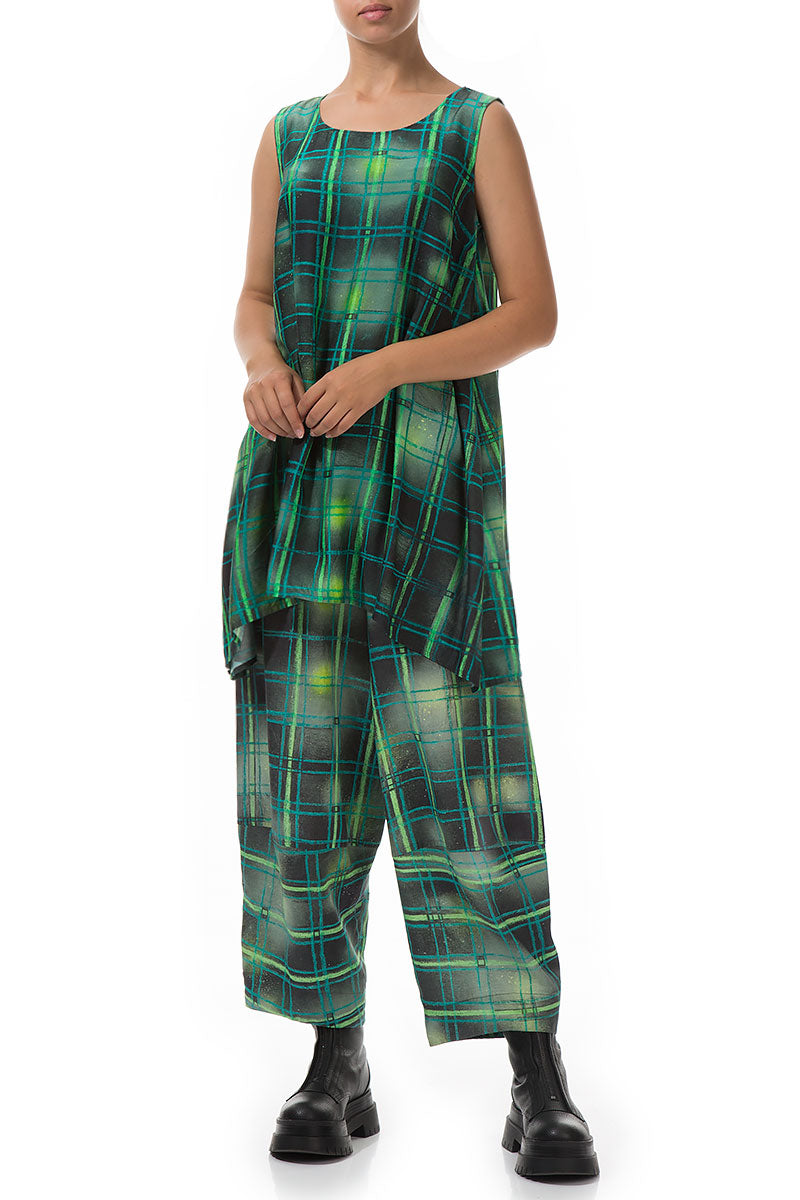 Sleeveless Green Checks Silk Bamboo Tunic