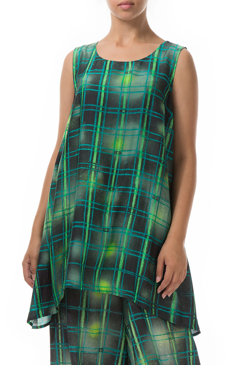 Sleeveless Green Checks Silk Bamboo Tunic