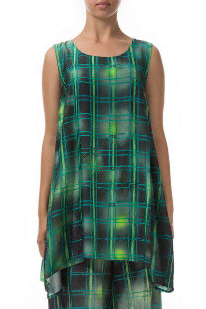 Sleeveless Green Checks Silk Bamboo Tunic