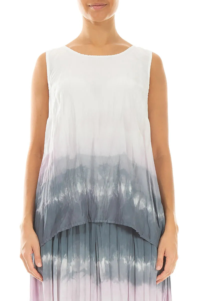 Sleeveless Grey Blush Ombré Crumpled Pure Silk Blouse 1