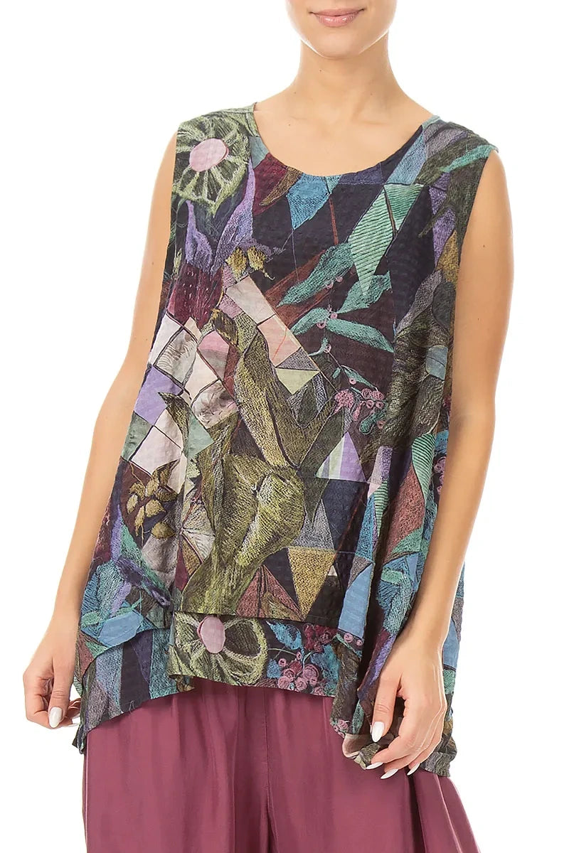 Sleeveless Layered Art Mosaic Textured Silk Blouse