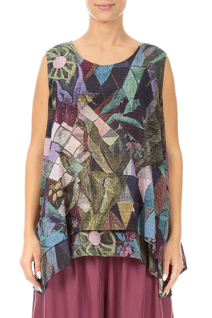 Sleeveless Layered Art Mosaic Textured Silk Blouse