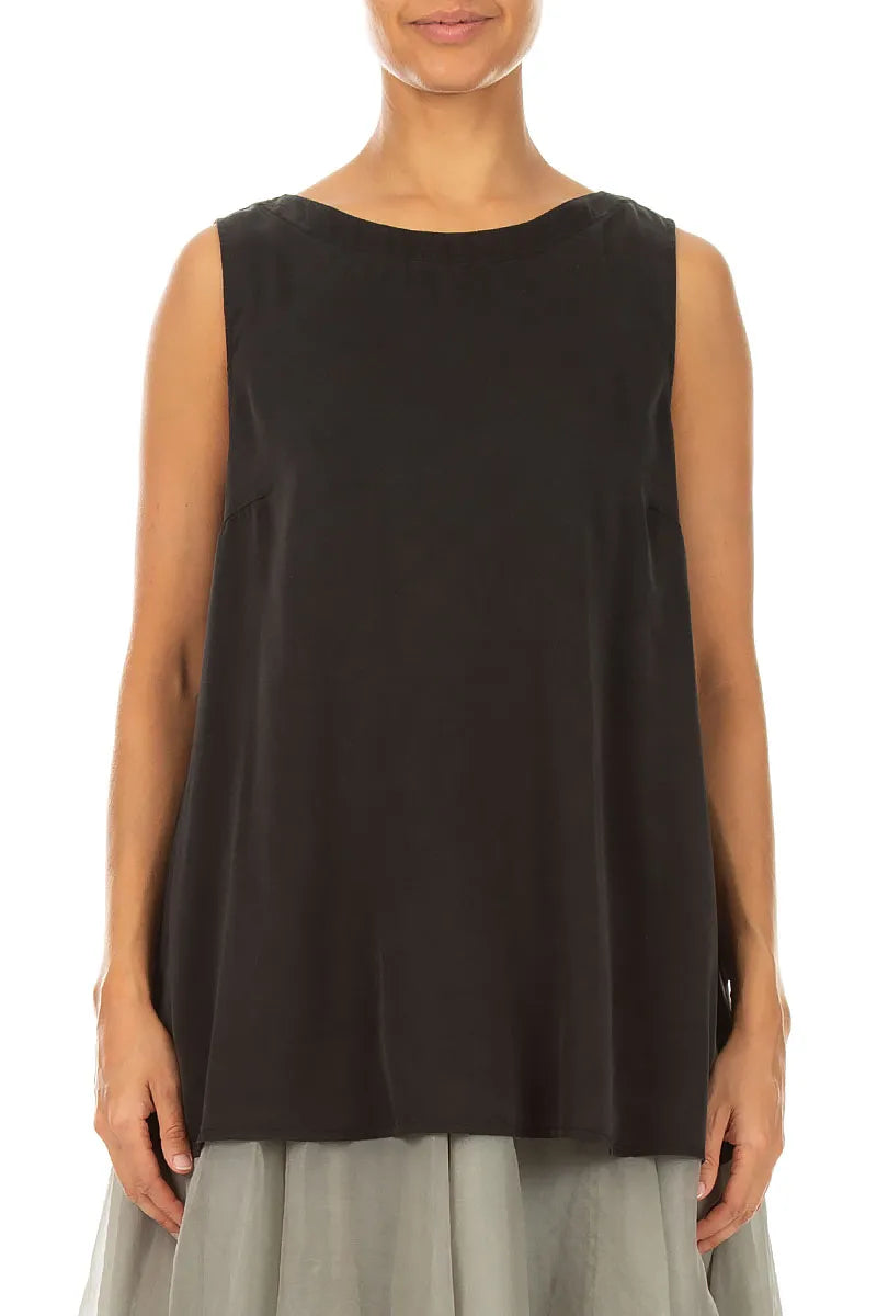Sleeveless Longer Back Black Silk Top 1