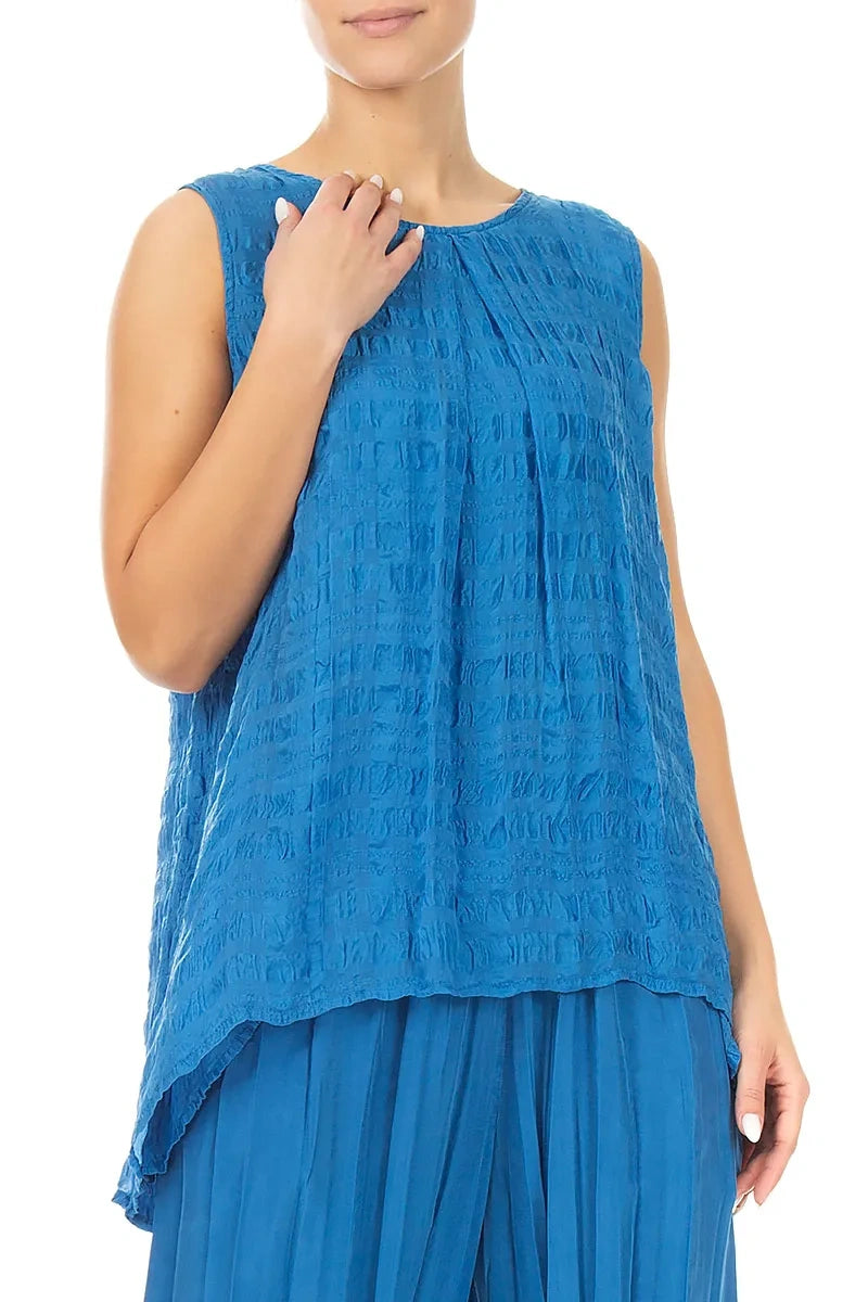 Sleeveless Longer Back Cobalt Blue Light Silk Blouse 3