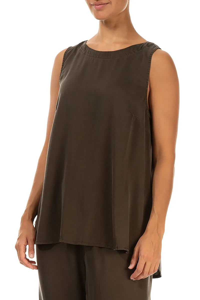 Sleeveless Longer Back Forest Brown Silk Top 3