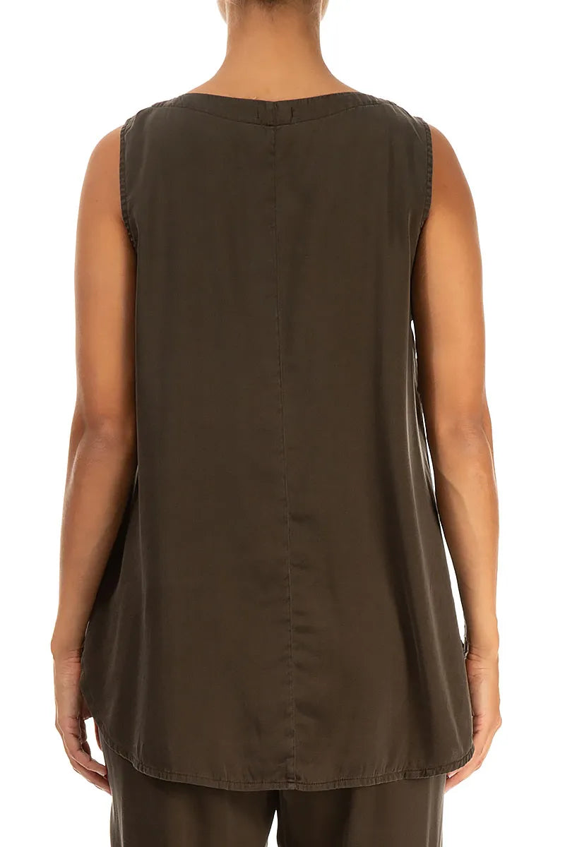 Sleeveless Longer Back Forest Brown Silk Top 2