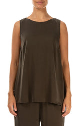 Sleeveless Longer Back Forest Brown Silk Top 1