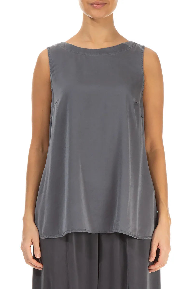 Sleeveless Longer Back Grey Silver Silk Top 1