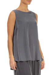 Sleeveless Longer Back Grey Silver Silk Top 3