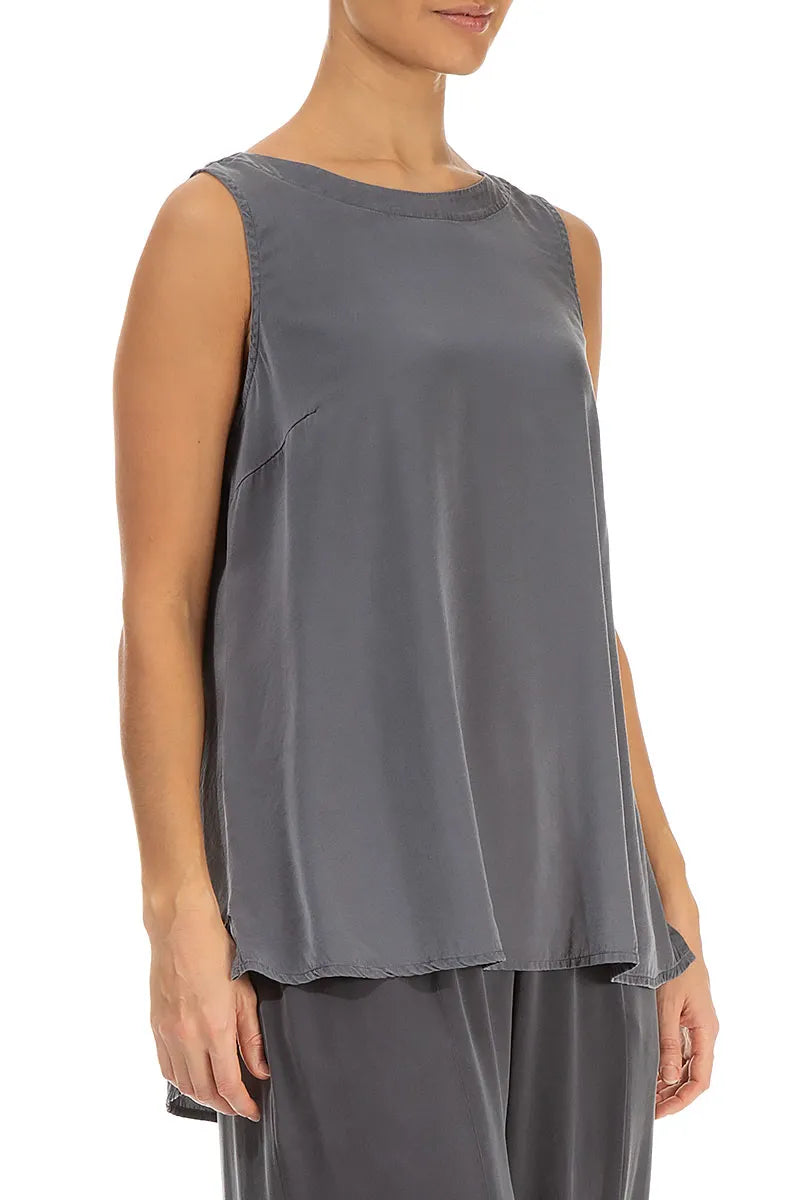 Sleeveless Longer Back Grey Silver Silk Top 3